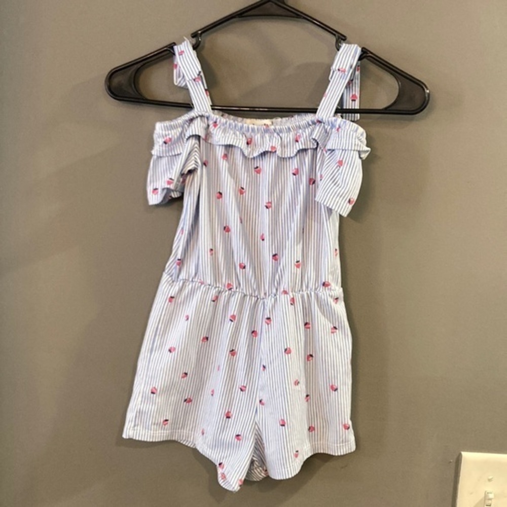 Blue-striped Strawberry Print Romper
